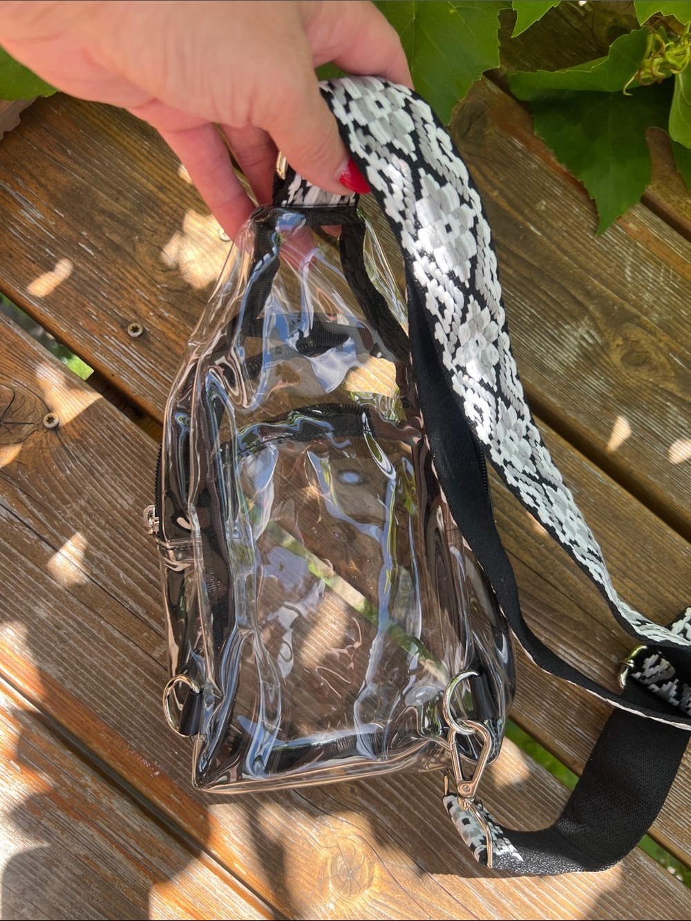 Clear PVC Mini crossbody with Black Trim and Patterned Strap - Picture 3 of 7